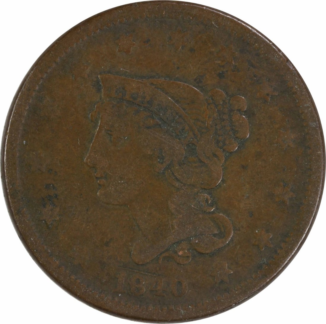 1840 Braided Hair Large Cent Small Large 18 F Copper: 1840 Braided Hair Large Cent Small Large 18 F Copper 1840 Braided Hair Large Cent in circulated Fine grade. This uncertified pre-owned coin is composed of copper and identified as the Small/Large 18 v