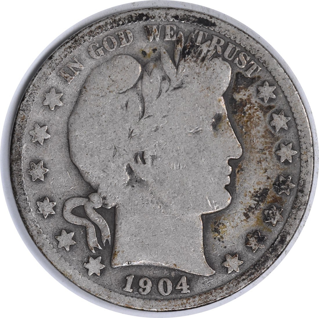 1904 S Barber 50C Silver Coin VG Uncertified: 1904 S Barber 50C Silver Coin VG Uncertified 1904-S Barber silver half dollar coin. This circulated, uncertified example is graded VG and is pre-owned. Specifications Item Type: Coin Coin Type: Barber