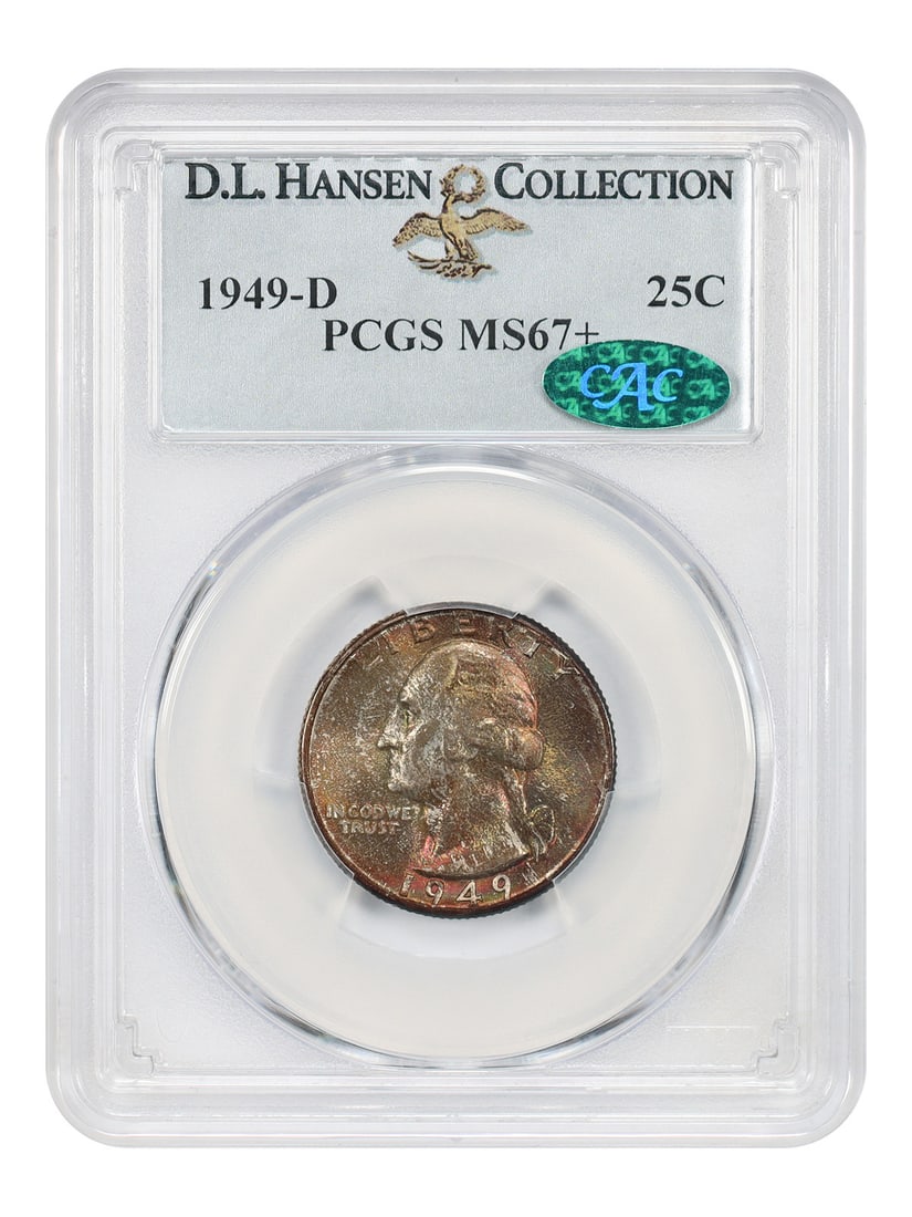 Washington Quarter 1949-D PCGS MS67+ CAC ex D.L. Hansen: Washington Quarter 1949-D PCGS MS67+ CAC ex D.L. Hansen 1949-D Washington Quarter certified by PCGS and CAC approved. This uncirculated example is a plus-graded MS67+ coin and is noted as ex: D.L. Han