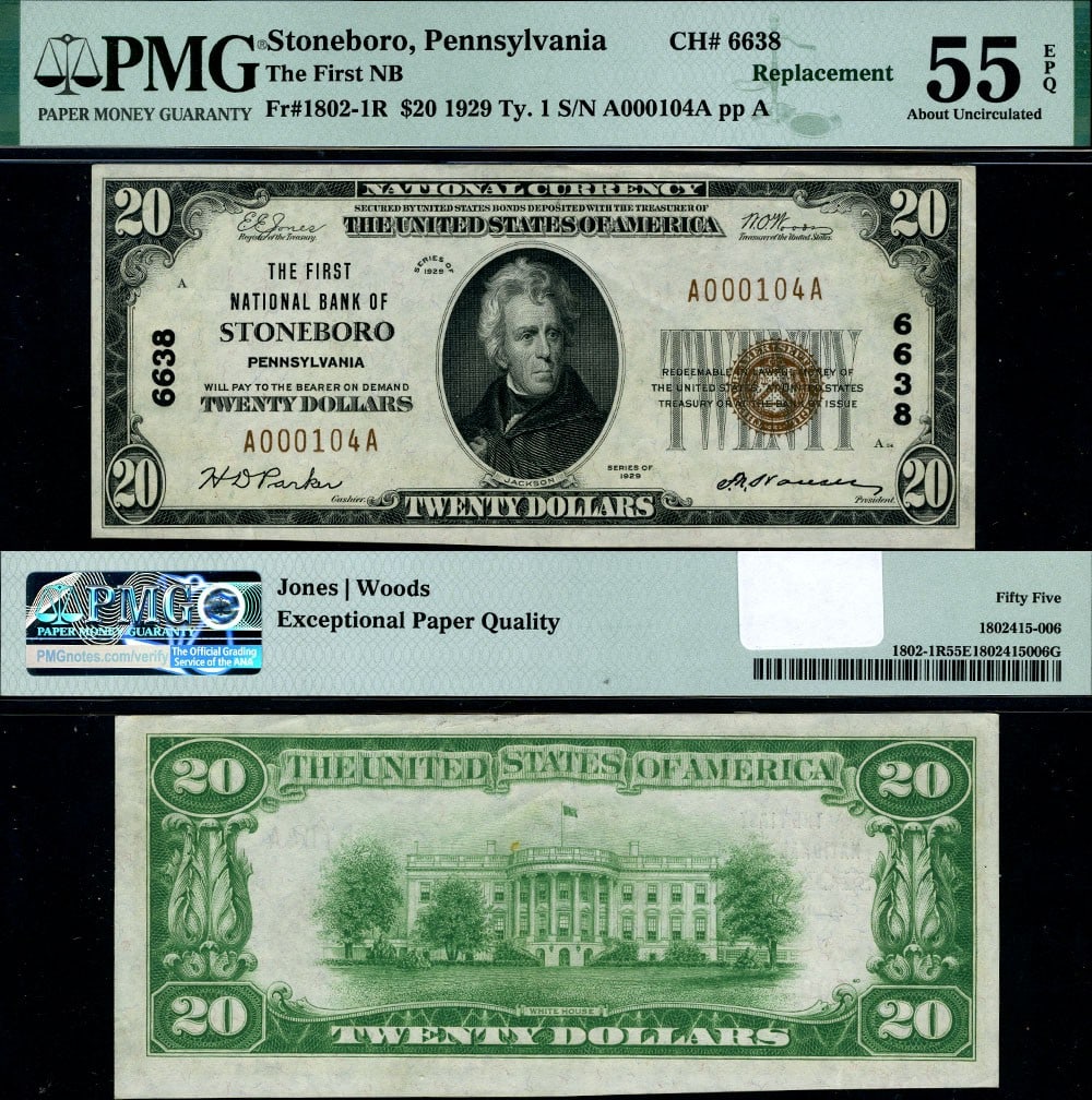 1929 Type 1 $20 National Bank Note Stoneboro PA PMG AU55 EPQ: 1929 Type 1 $20 National Bank Note Stoneboro PA PMG AU55 EPQ This $20 National Bank Note from 1929, issued by the First National Bank of Stoneboro, PA, is a rare and sought-after collectible. Graded C
