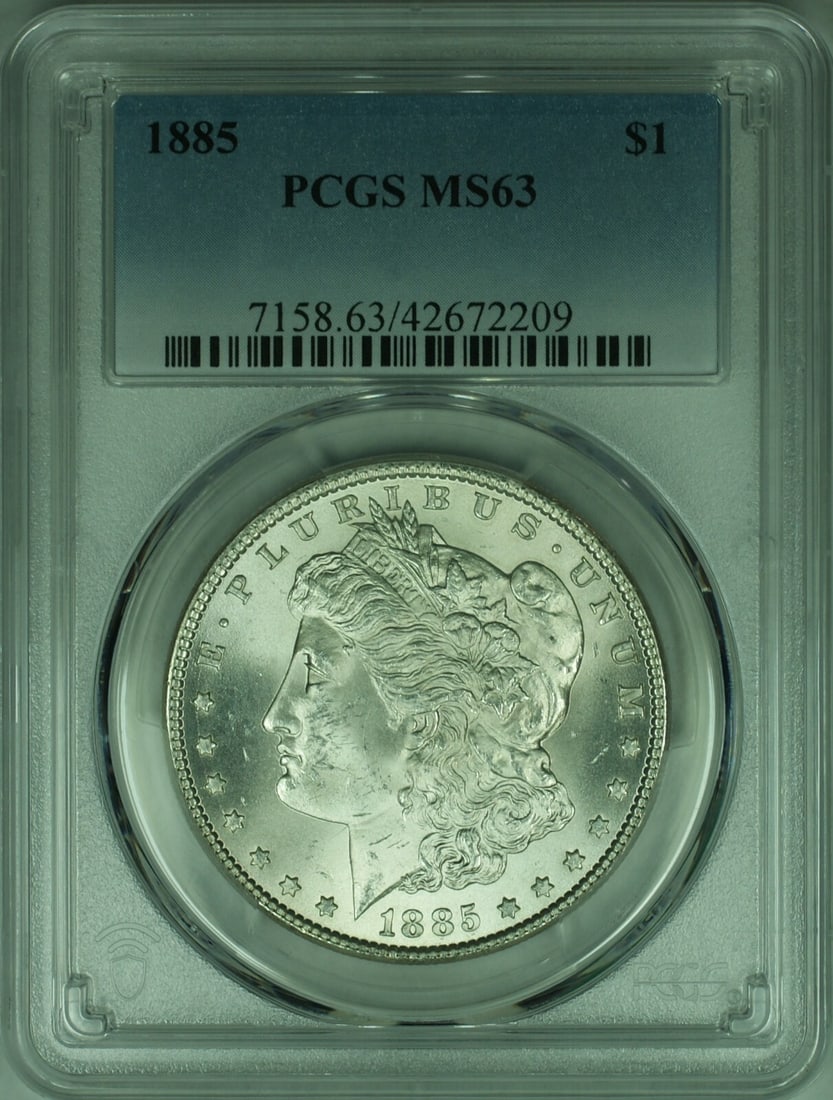 PCGS MS63 1885 Morgan Dollar Silver Coin Philadelphia Mint: PCGS MS63 1885 Morgan Dollar Silver Coin Philadelphia Mint This 1885 Morgan Silver Dollar is a United States coin minted in Philadelphia. Certified by PCGS with a grade of MS-63, it is composed of sil