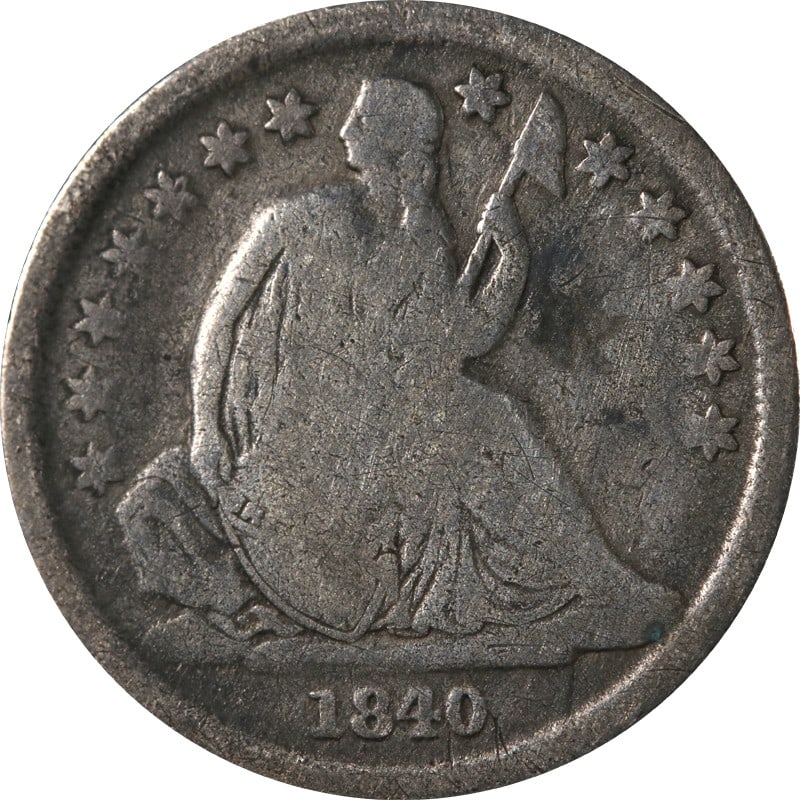 1840 New Orleans Seated Liberty silver dime: 1840 New Orleans Seated Liberty silver dime This is an 1840-O Seated Liberty Dime from the United States, composed of silver with a fineness of 0.9. The coin is circulated and comes uncertified. It is