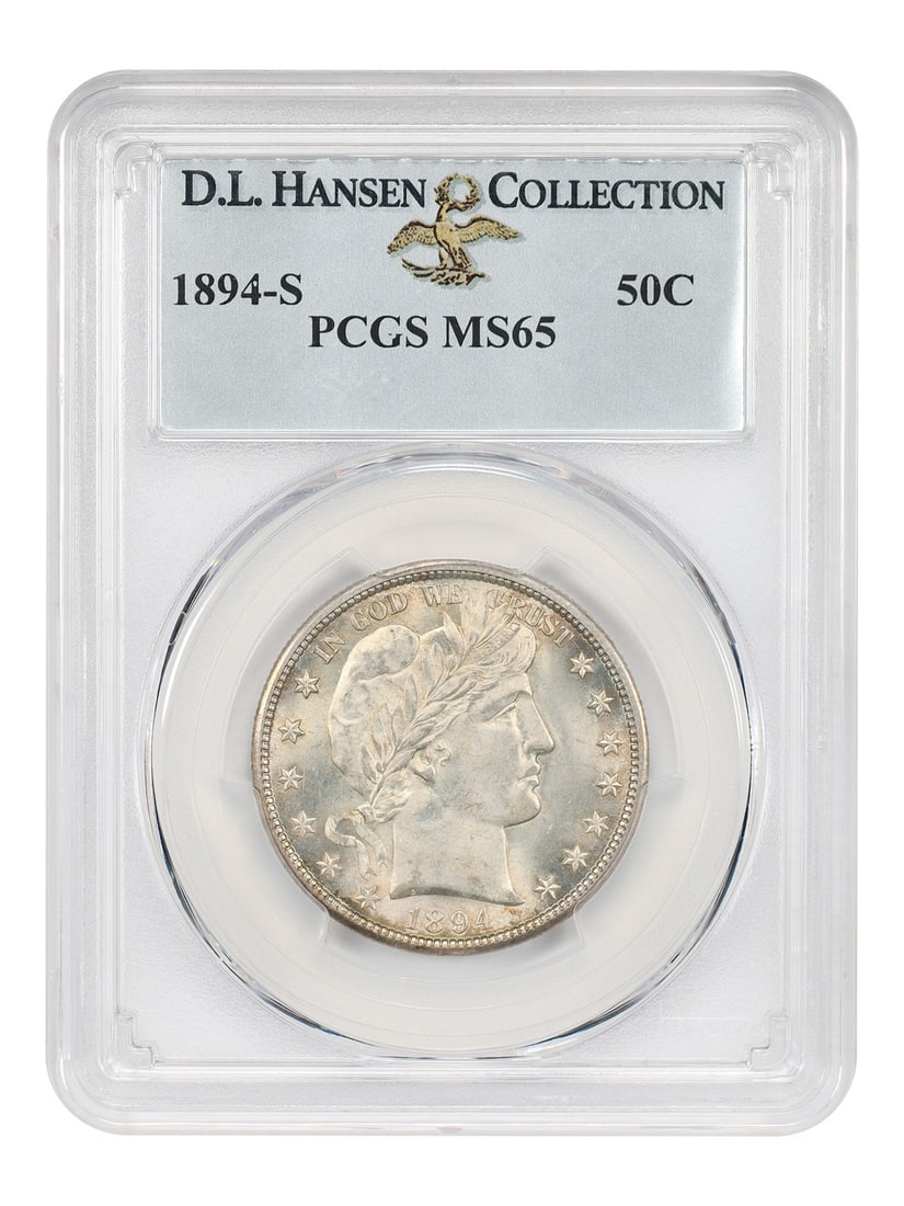 PCGS MS65 1894-S Barber Half Dollar ex D.L. Hansen: PCGS MS65 1894-S Barber Half Dollar ex D.L. Hansen 1894-S Barber Half Dollar graded PCGS MS65, ex: D.L. Hansen. This uncirculated example is a lustrous golden tinted gem from the better-date San Franc