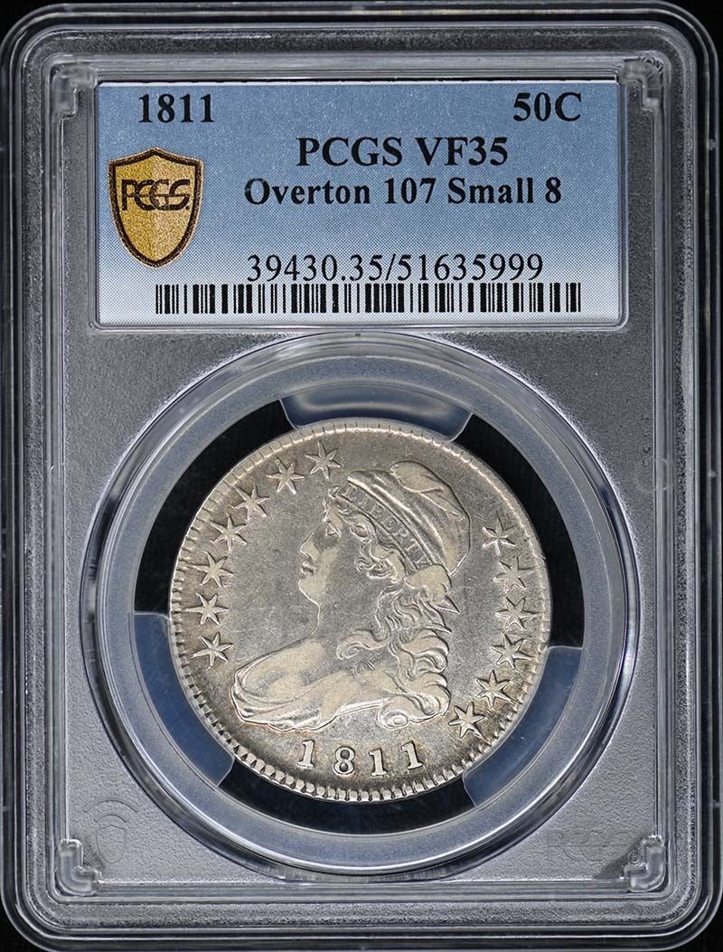 PCGS VF35 1811 Capped Bust Half Dollar Small 8 Overton 107: PCGS VF35 1811 Capped Bust Half Dollar Small 8 Overton 107 This 1811 Capped Bust Half Dollar features the Small 8 variety (Overton 107) and has been graded VF35 by PCGS. Struck in Philadelphia, this c