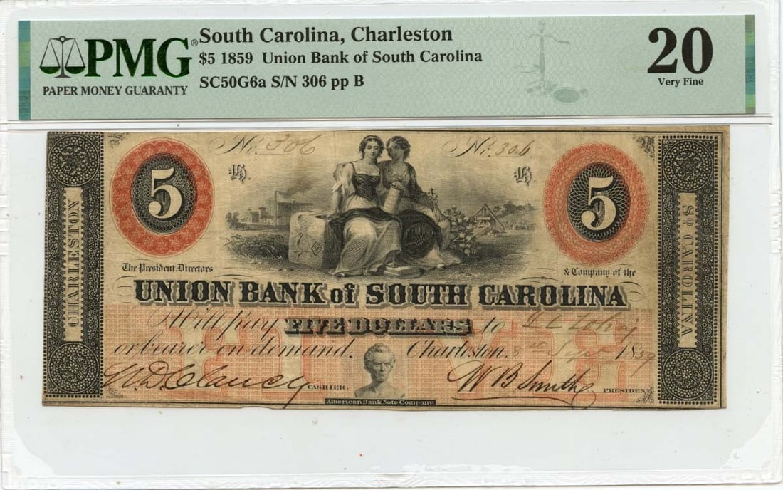 PMG VF20 1859 Charleston SC Union Bank $5 Obsolete Note: PMG VF20 1859 Charleston SC Union Bank $5 Obsolete Note 1859 Charleston, South Carolina obsolete note from the Union Bank of South Carolina. This pre-owned example is a circulated note graded VF20 by 
