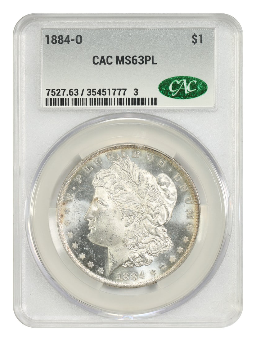 Morgan Dollar 1884 O 1 Dollar CACG MS63PL: Morgan Dollar 1884 O 1 Dollar CACG MS63PL 1884-O Morgan Dollar certified by CACG in MS63PL grade. This pre-owned coin is an uncirculated example struck at the New Orleans Mint. Specifications Denomina