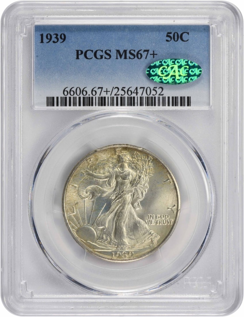 1939 Walking Liberty Half Dollar MS67+ PCGS CAC Uncirculated Silver Coin: 1939 Walking Liberty Half Dollar MS67+ PCGS CAC Uncirculated Silver Coin This 1939 Walking Liberty Silver Half Dollar is certified by PCGS with a stunning grade of MS67+. The coin features a beautiful