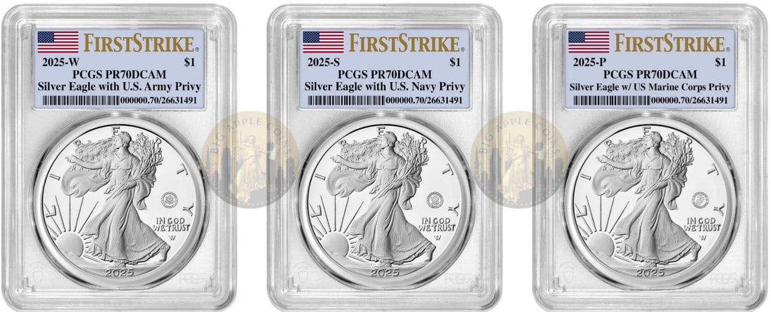2025 PR70 Army Navy Marine Proof Silver Eagle 3 Coin Set PCGS: 2025 PR70 Army Navy Marine Proof Silver Eagle 3 Coin Set PCGS This exquisite 2025 Army/Navy/Marine Proof Silver Eagle set features three coins, each struck with precision by the U.S. Mint. Crafted fro