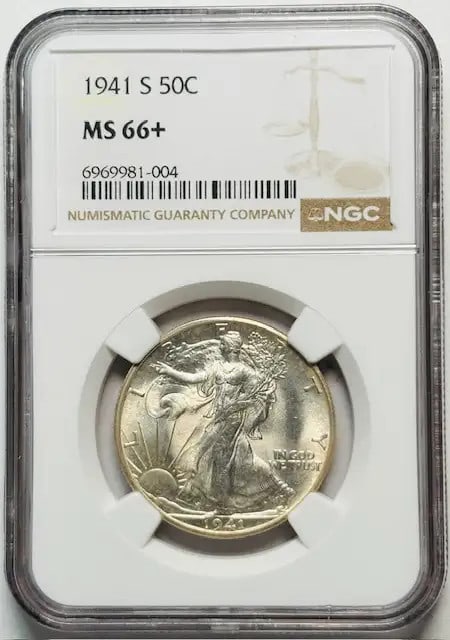 NGC MS-66+ 1941 S Walking Liberty Silver Half Dollar: NGC MS-66+ 1941 S Walking Liberty Silver Half Dollar 1941 Walking Liberty Half Dollar certified by NGC and graded MS 66+. This pre-owned silver coin was minted in San Francisco and issued in the USA. 