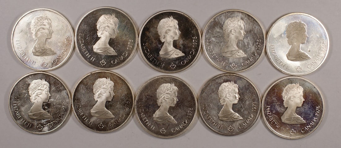 Montreal Olympics 1976 Canadian $10 Proof Silver Coins 14.5 Troy Ounces: Montreal Olympics 1976 Canadian $10 Proof Silver Coins 14.5 Troy Ounces This is a set of 1976 Canada Proof Silver 10 Dollar coins commemorating the Montreal Olympics. The coins are composed of 0.925 f