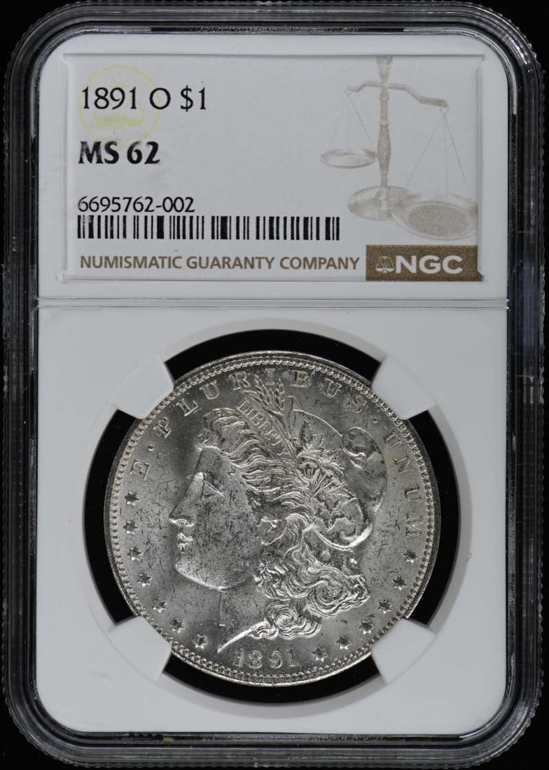 1891-O Morgan Dollar NGC MS62 Uncirculated Coin: 1891-O Morgan Dollar NGC MS62 Uncirculated Coin This 1891-O Morgan Dollar, graded MS62 by NGC, is a remarkable addition for any coin collector. Struck at the New Orleans Mint, this uncirculated silver
