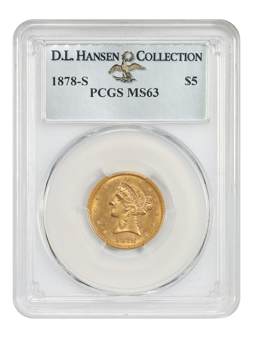 PCGS MS63 1878-S Liberty Head $5 Gold Coin ex D.L. Hansen: PCGS MS63 1878-S Liberty Head $5 Gold Coin ex D.L. Hansen 1878-S Liberty Head $5 gold coin graded PCGS MS63 and pedigreed ex: D.L. Hansen. From a low mintage of 144,700 coins struck, 1878-S Half Eagle