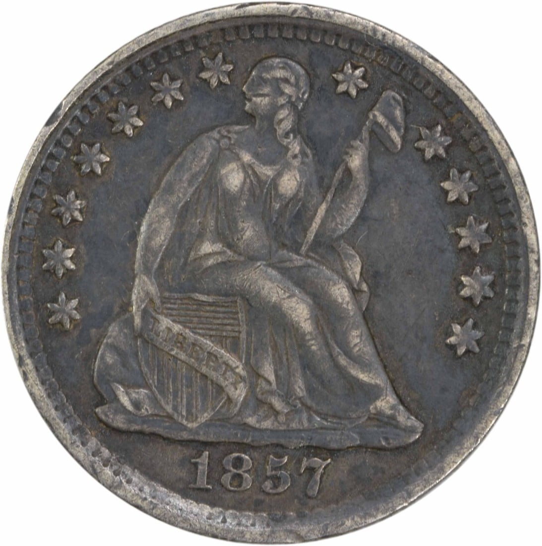 1857 Liberty Seated Half Dime Uncertified 90% Silver EF: 1857 Liberty Seated Half Dime Uncertified 90% Silver EF This 1857 Liberty Seated Silver Half Dime is a remarkable collectible coin that showcases the artistry of designer Christian Gobrecht. Struck in