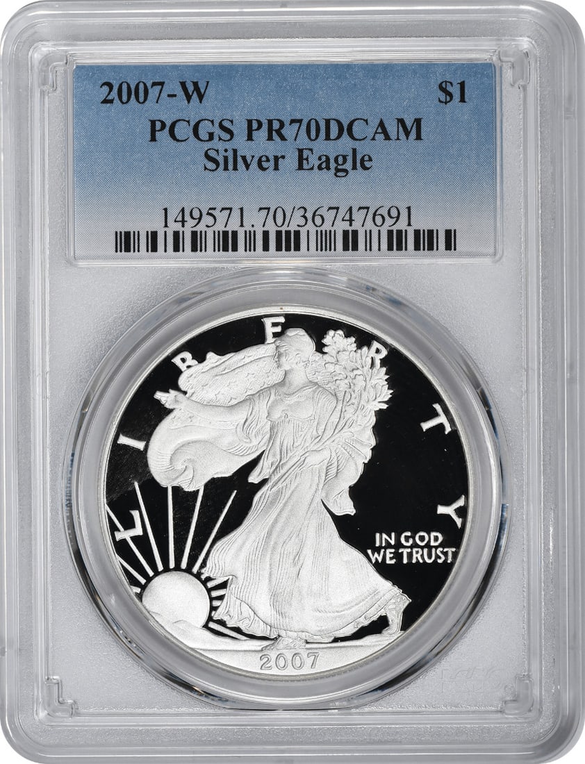 PCGS PR70DCAM 2007-W American Silver Eagle Proof Dollar: PCGS PR70DCAM 2007-W American Silver Eagle Proof Dollar 2007-W American Silver Eagle proof coin graded PR70DCAM by PCGS. This pre-owned coin contains 1 oz of .999 fine silver and was struck by the U.S