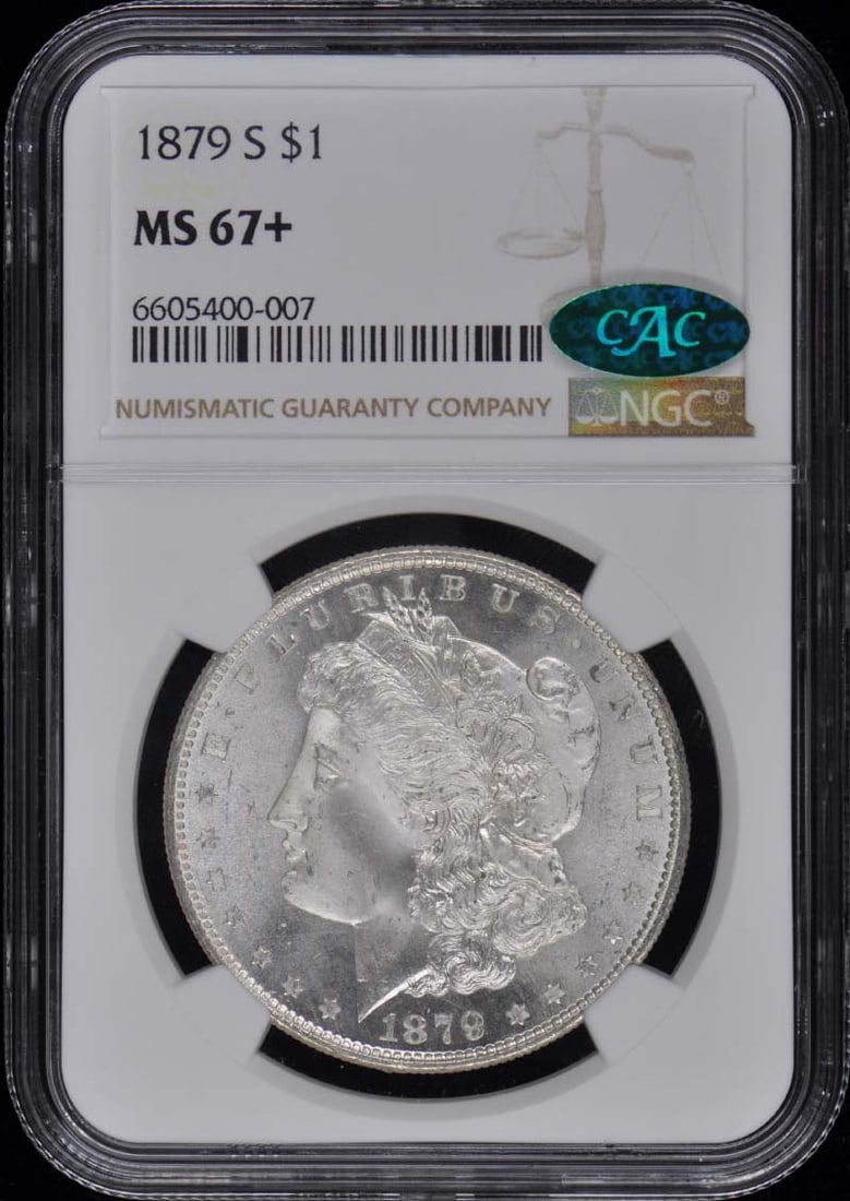 1879-S Morgan Dollar NGC MS67+ CAC Uncirculated Coin: 1879-S Morgan Dollar NGC MS67+ CAC Uncirculated Coin This 1879-S Morgan Dollar is a stunning representation of American coinage, graded MS67+ by NGC, which signifies its exceptional condition and qual