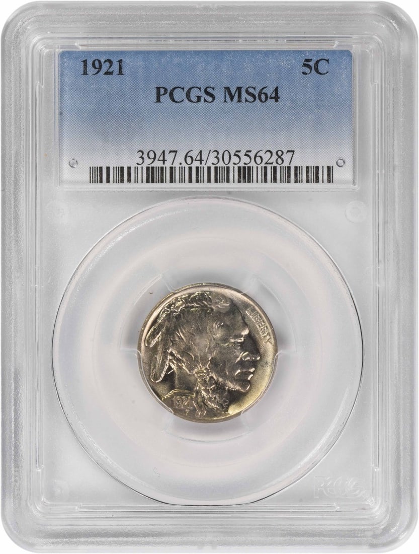 1921 United States Buffalo 5C Nickel Coin MS64 Graded by PCGS: 1921 United States Buffalo 5C Nickel Coin MS64 Graded by PCGS This 1921 Buffalo Nickel is graded MS64 by PCGS and features a nickel composition. Issued by the United States with a denomination of 5 ce
