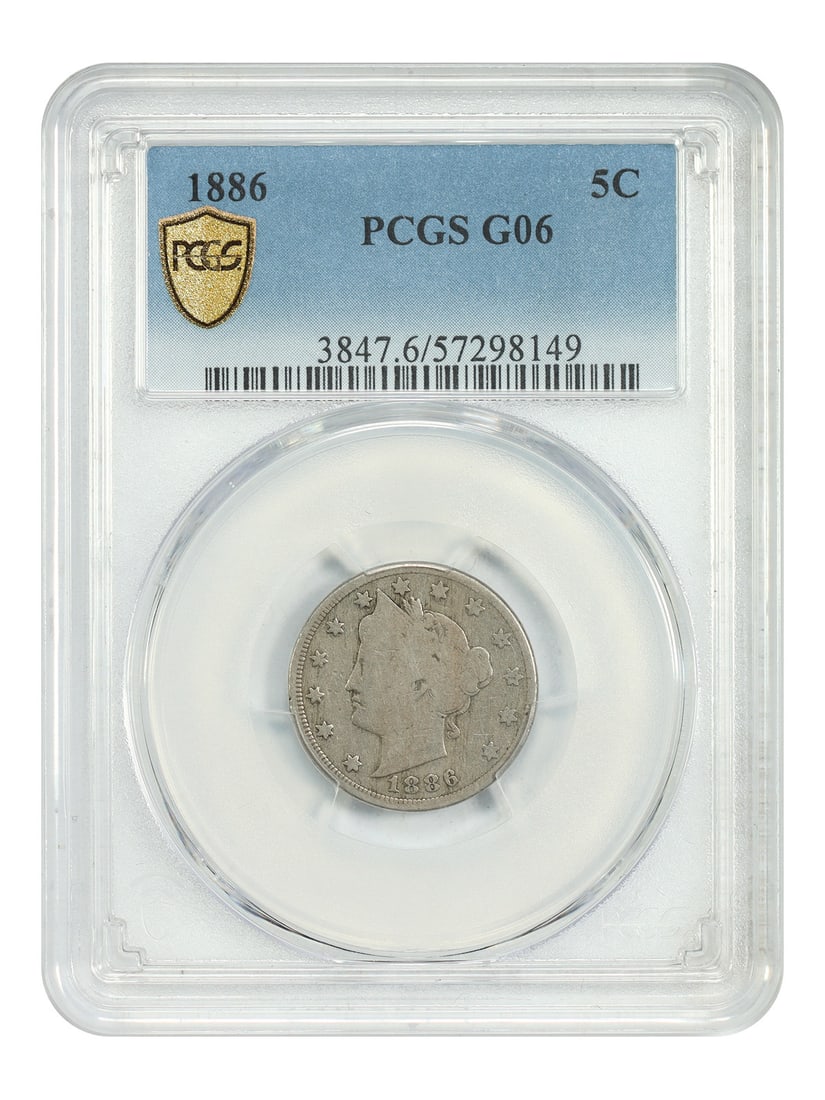 1886 Liberty V Nickel 5C PCGS Good 06 Key Date: 1886 Liberty V Nickel 5C PCGS Good 06 Key Date 1886 Liberty Nickel certified by PCGS in Good 06. This circulated example is one of the primary key dates in the V-Nickel set. Specifications Denominatio