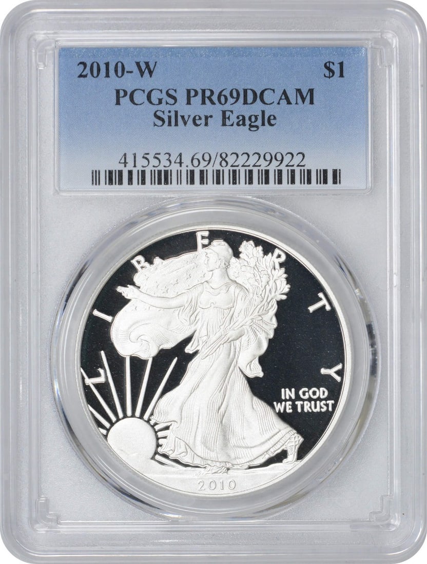 2010-W American Silver Eagle Dollar PR69DCAM PCGS Proof Coin 1 oz Silver: 2010-W American Silver Eagle Dollar PR69DCAM PCGS Proof Coin 1 oz Silver This 2010-W American Silver Eagle Dollar is a stunning example of American numismatic craftsmanship. Graded PR69DCAM by PCGS, t