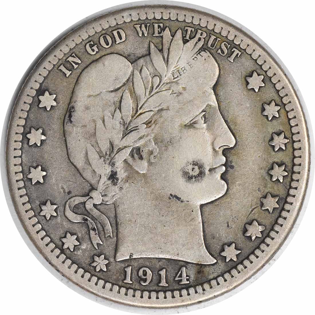 1914-S Barber Silver Quarter 25C Fine Uncertified 90% Silver: 1914-S Barber Silver Quarter 25C Fine Uncertified 90% Silver This 1914-S Barber Silver Quarter is a notable piece for collectors, featuring the iconic design by Charles E. Barber. The coin is classifi