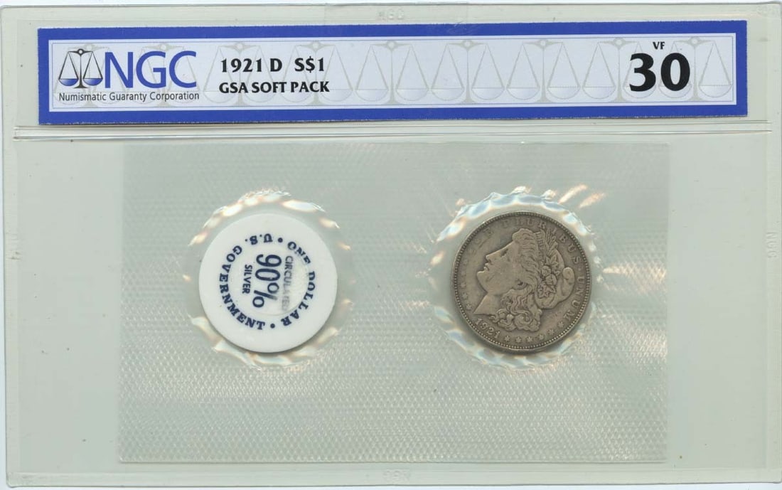 NGC VF30 1921 Denver Morgan Dollar Soft Pack GSA Silver Coin: NGC VF30 1921 Denver Morgan Dollar Soft Pack GSA Silver Coin This is a 1921-D Morgan Dollar from the Denver Mint, graded VF30 by NGC. The coin is circulated and comes in a GSA soft pack. It is a pre-o