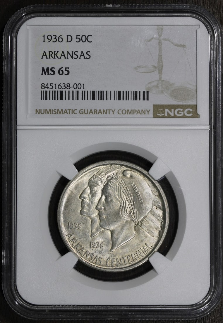 NGC MS65 1936 D Arkansas Silver Commemorative Half Dollar 50C: NGC MS65 1936 D Arkansas Silver Commemorative Half Dollar 50C 1936-D Arkansas commemorative silver half dollar graded MS65. This pre-owned 50C coin is a United States commemorative issue with 0.9 silv