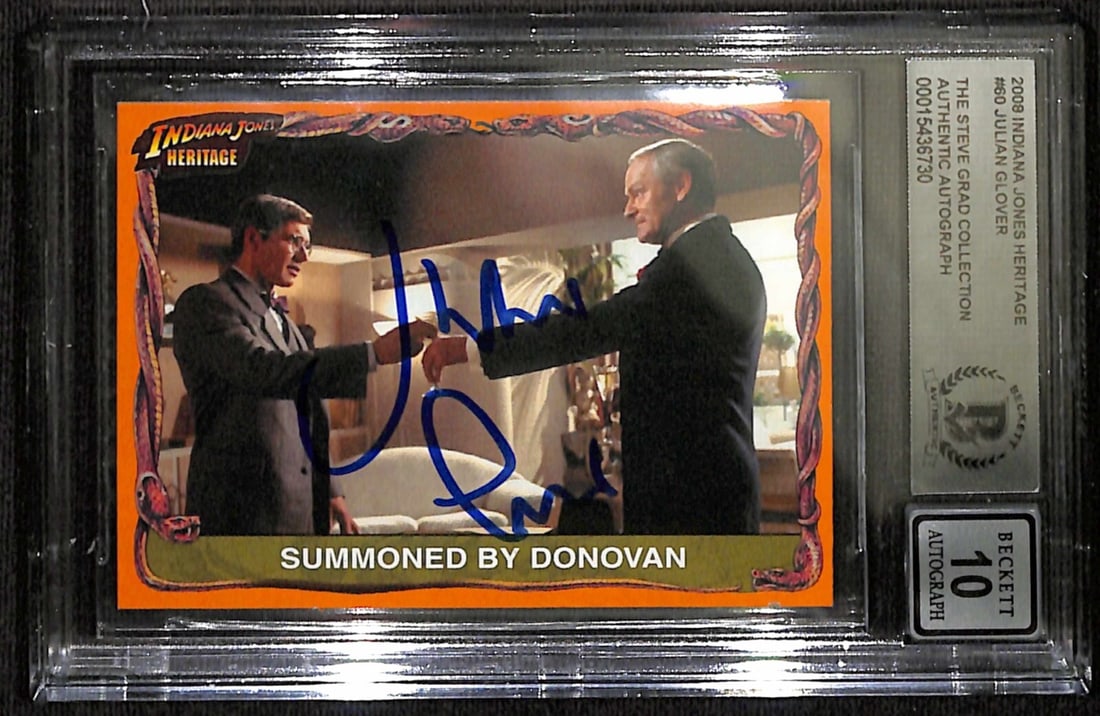 Julian Glover Beckett 10 Auto Indiana Jones Heritage Trading Card 2008: Julian Glover Beckett 10 Auto Indiana Jones Heritage Trading Card 2008 This is a 2008 Topps Indiana Jones Heritage trading card (#79 "Donovan Chooses... Poorly") featuring the character Walter Donovan