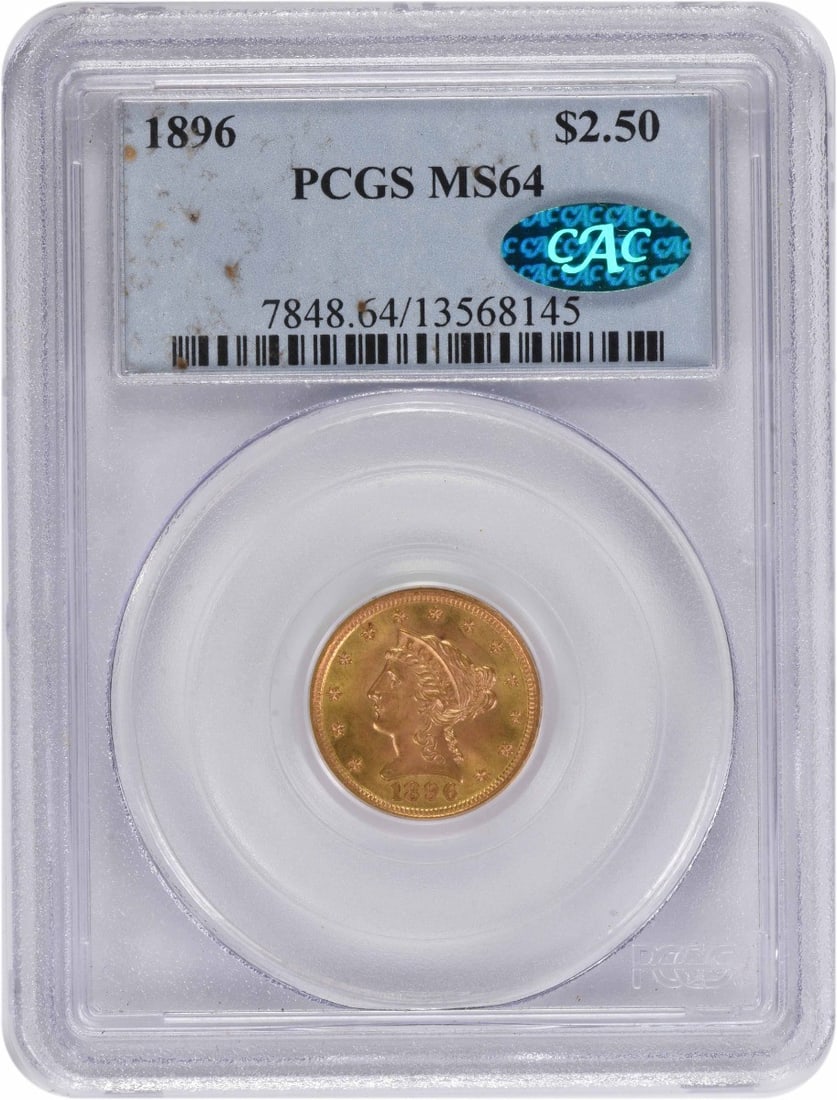 1896 Liberty Head $2.50 Gold PCGS MS64 CAC: 1896 Liberty Head $2.50 Gold PCGS MS64 CAC This 1896 $2.50 Gold Liberty Head coin is graded MS64 by PCGS and features CAC approval. Struck at the Philadelphia Mint, it is composed of 90% gold and 10% 