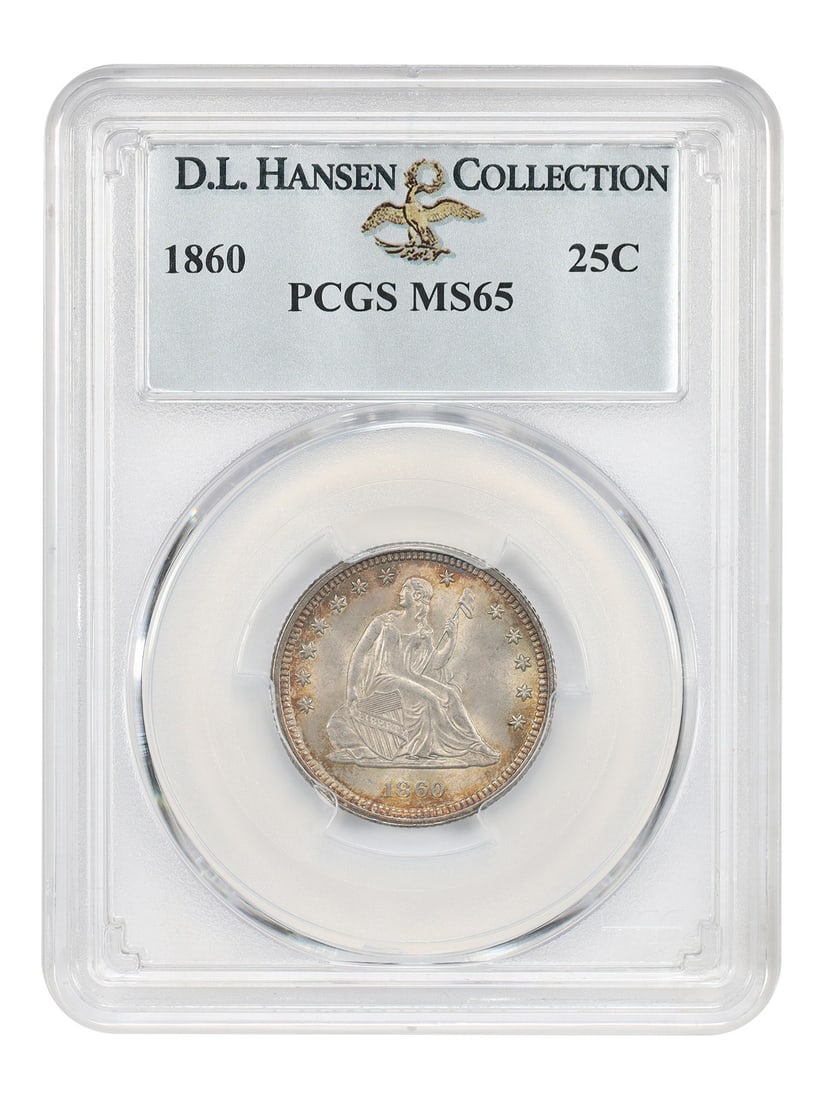 Liberty Seated Quarter 1860 25C PCGS MS65 ex D.L. Hansen: Liberty Seated Quarter 1860 25C PCGS MS65 ex D.L. Hansen 1860 Liberty Seated Quarter graded PCGS MS65. This uncirculated example is described as a popular pre-Civil War date with creamy white centers 
