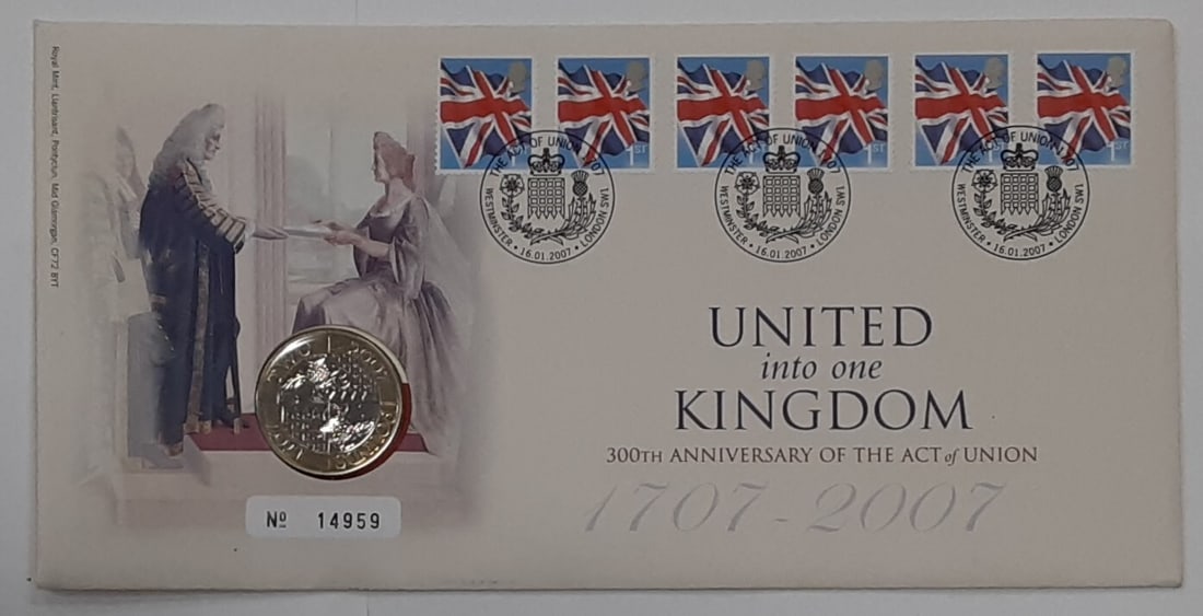 2007 Act of Union Two Pound Coin First Day Cover with COA: 2007 Act of Union Two Pound Coin First Day Cover with COA This 2007 United Kingdom 2 Pound commemorative coin celebrates the 300th Anniversary of the Act of Union. The copper-nickel, bi-metallic coin 
