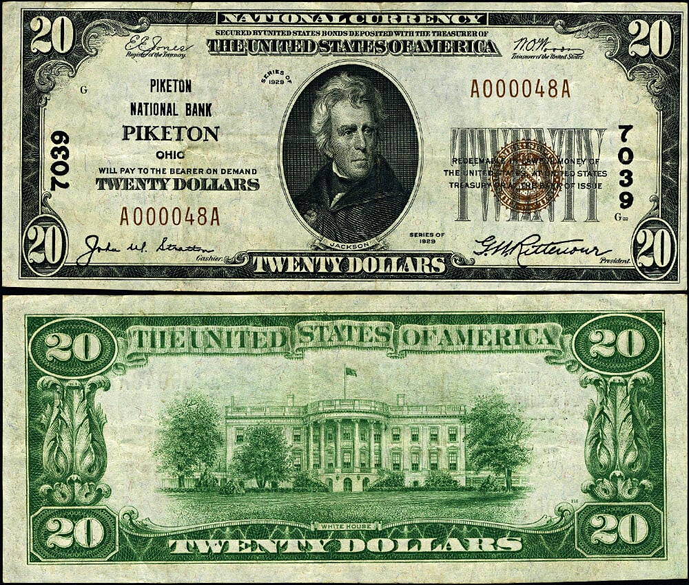 1929 T-1 $20 National Bank Note Piketon OH Charter #7039: 1929 T-1 $20 National Bank Note Piketon OH Charter #7039 This 1929 T-1 National Bank Note from Piketon, Ohio, is a remarkable collectible with a denomination of $20. Graded as VF+ (Very Fine Plus), th