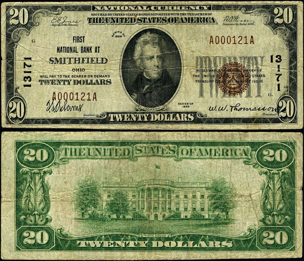 1929 Smithfield Ohio $20 National Bank Note Type 1 Ch #13171: 1929 Smithfield Ohio $20 National Bank Note Type 1 Ch #13171 This is a $20 National Bank Note from Smithfield, Ohio, issued in 1929 (Type T-1). It features a grade of Fine, indicating even and consist