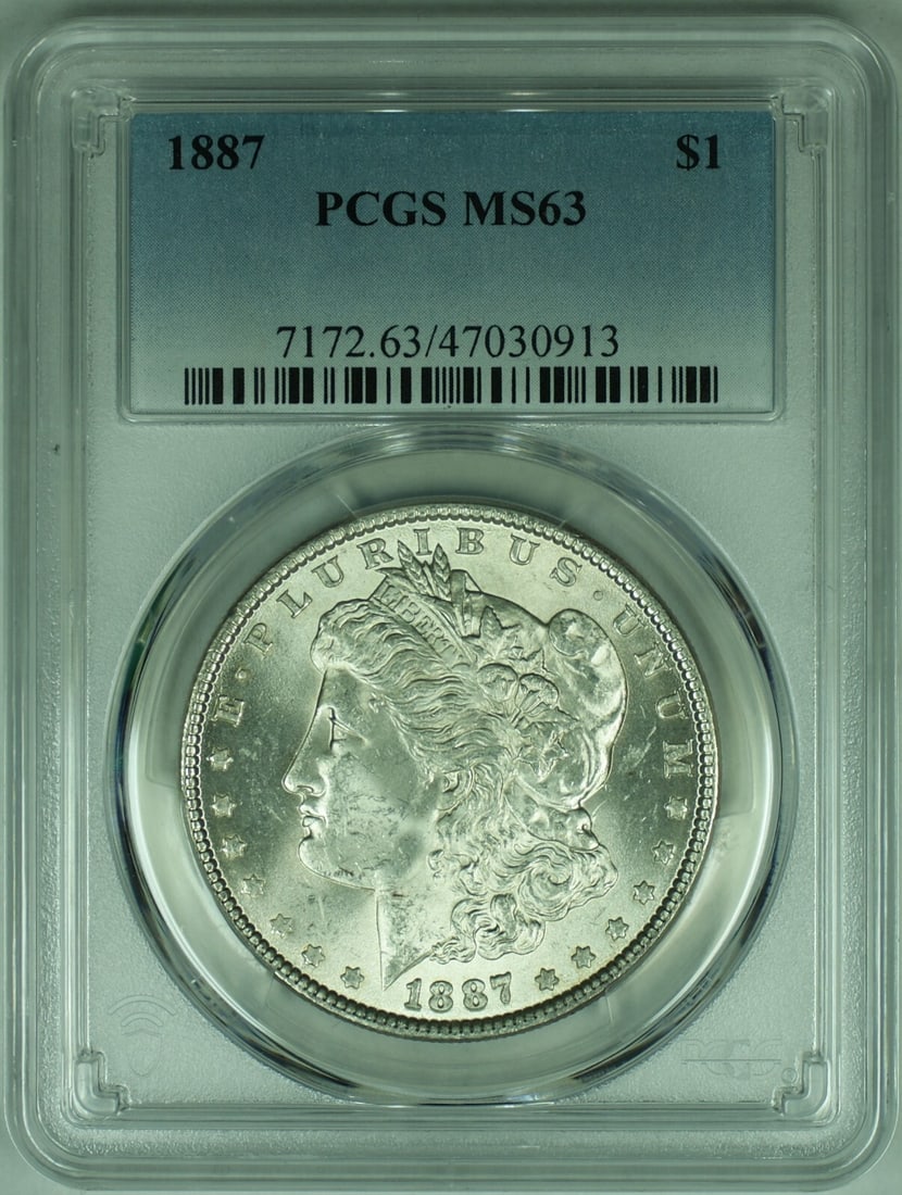 PCGS MS-63 Graded 1887 Morgan Dollar Silver Coin: PCGS MS-63 Graded 1887 Morgan Dollar Silver Coin This is an 1887 Morgan Silver Dollar coin certified by PCGS with a grade of MS-63. Struck in Philadelphia, this uncirculated coin is composed of 90% si