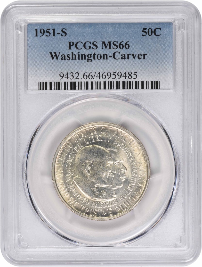 W. Carver Commemorative Silver Half Dollar 1951-S MS66 PCGS Certified: W. Carver Commemorative Silver Half Dollar 1951-S MS66 PCGS Certified This 1951-S W. Carver Commemorative Silver Half Dollar is a remarkable piece, certified by PCGS with a grade of MS66. Struck in Sa