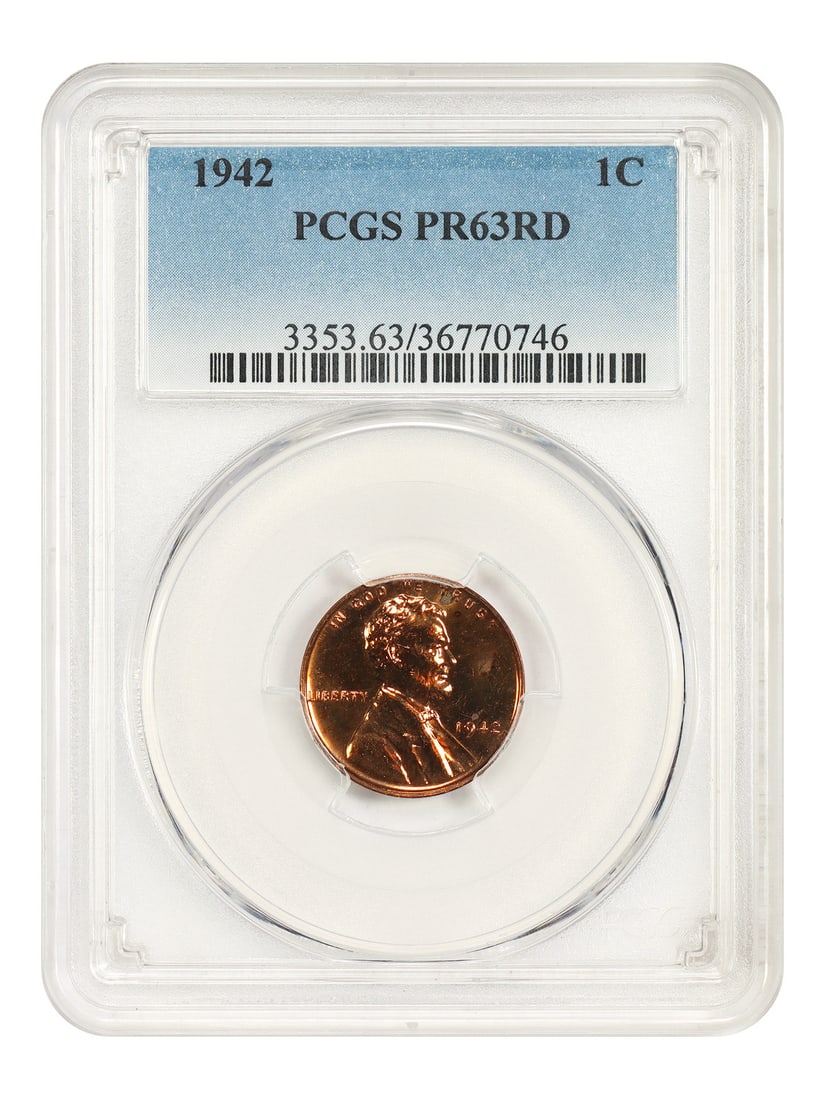 PCGS PR63RD 1942 Lincoln Wheat Cent Red Proof 1C: PCGS PR63RD 1942 Lincoln Wheat Cent Red Proof 1C 1942 Lincoln Cent (Wheat Reverse) in Red Proof, graded PCGS PR63RD. This Philadelphia issue is uncirculated and certified by PCGS with certification nu