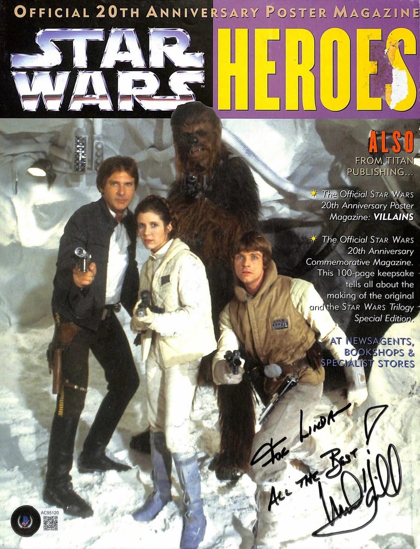 Beckett LOA Mark Hamill autographed Star Wars Heroes cover: Beckett LOA Mark Hamill autographed Star Wars Heroes cover This is a signed Star Wars Heroes magazine cover featuring an image of Luke Skywalker, Han Solo, Princess Leia, and Chewbacca. The cover is h