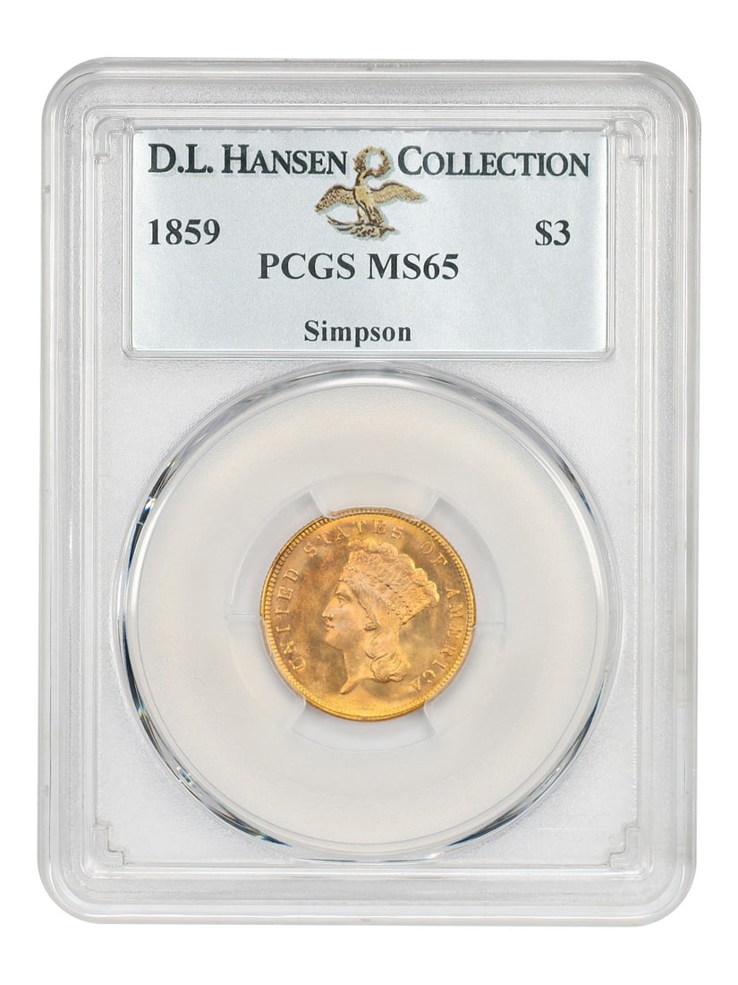 PCGS MS65 1859 $3 Gold Coin Three Dollar ex D.L. Hansen Simpson (1 of 4)