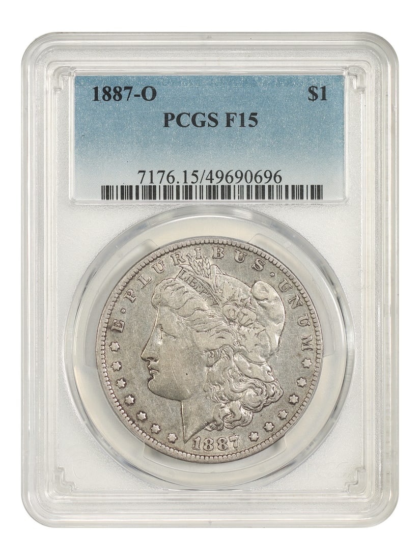 1887 O Morgan Dollar $1 PCGS F15 New Orleans Mint: 1887 O Morgan Dollar $1 PCGS F15 New Orleans Mint 1887-O Morgan Dollar, denomination $1, certified by PCGS and graded Fine 15. This circulated New Orleans Mint issue is a popular example that remains 