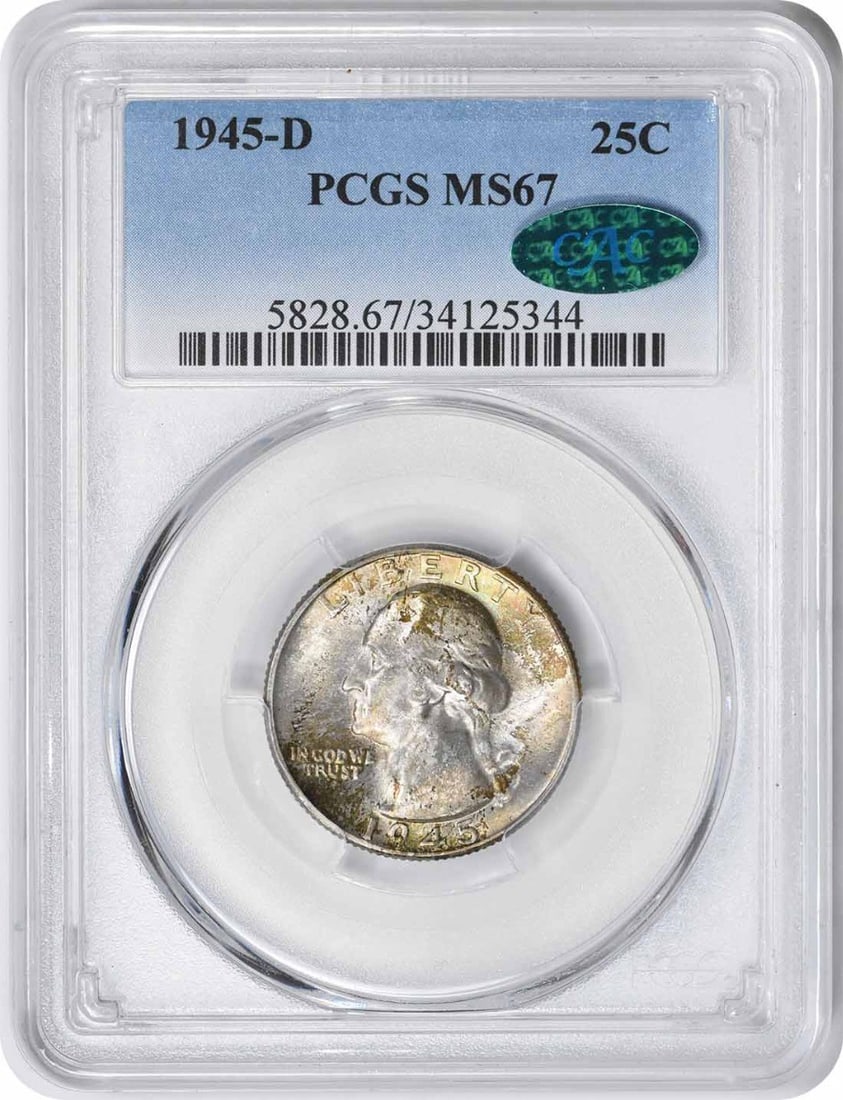 1945-D Washington Silver Quarter MS67 PCGS CAC Uncirculated: 1945-D Washington Silver Quarter MS67 PCGS CAC Uncirculated This stunning 1945-D Washington Silver Quarter is graded MS67 by PCGS, showcasing its exceptional quality and pristine condition. Minted in 