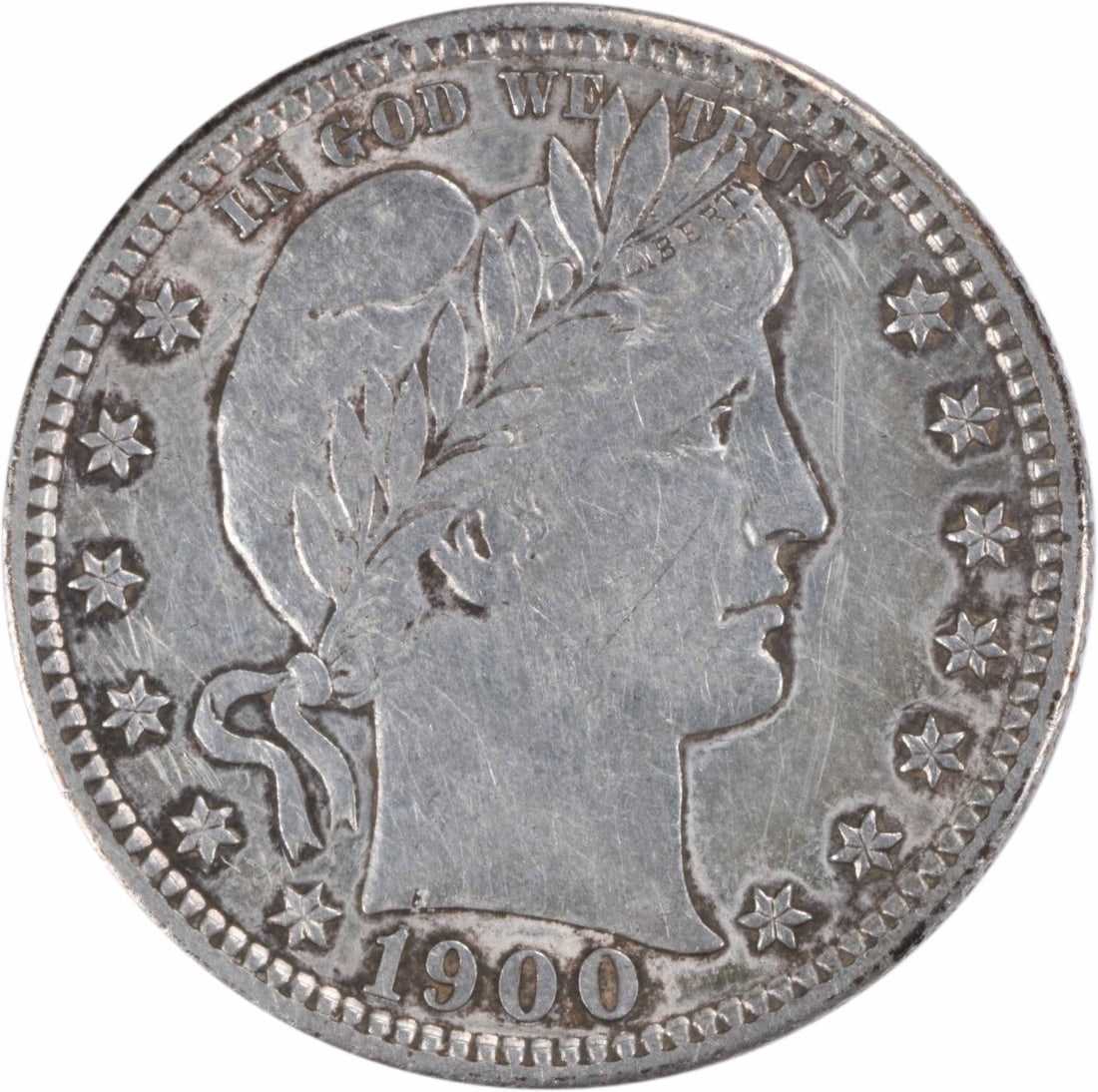 1900-S Barber Silver Quarter AU Uncertified 25C 90% Silver Coin: 1900-S Barber Silver Quarter AU Uncertified 25C 90% Silver Coin This 1900-S Barber Silver Quarter is a notable piece for collectors, featuring a design by Charles E. Barber. The coin is classified as 