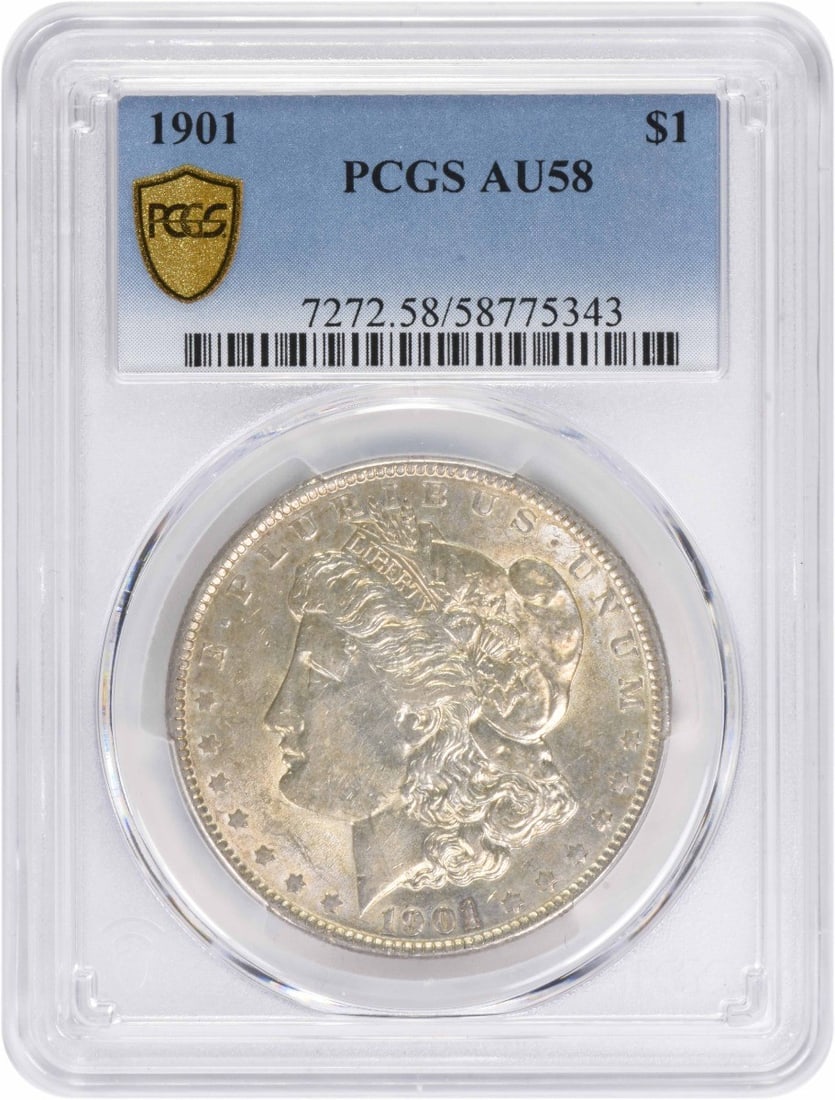 PCGS AU58 1901 Morgan Silver Dollar: PCGS AU58 1901 Morgan Silver Dollar This 1901 Morgan Silver Dollar is graded AU58 by PCGS. Struck at the Philadelphia Mint with no mint mark, this coin is composed of 90% silver and 10% copper. Design