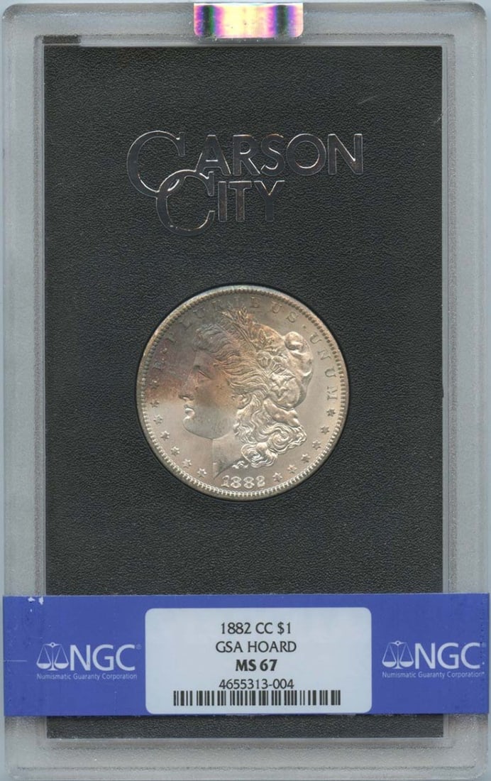 NGC MS67 1882 Carson City Morgan Dollar GSA Hoard Silver Coin: NGC MS67 1882 Carson City Morgan Dollar GSA Hoard Silver Coin This 1882-CC Morgan Dollar is part of the GSA Hoard and has been certified by NGC with a grade of MS67. Struck at the Carson City Mint, th