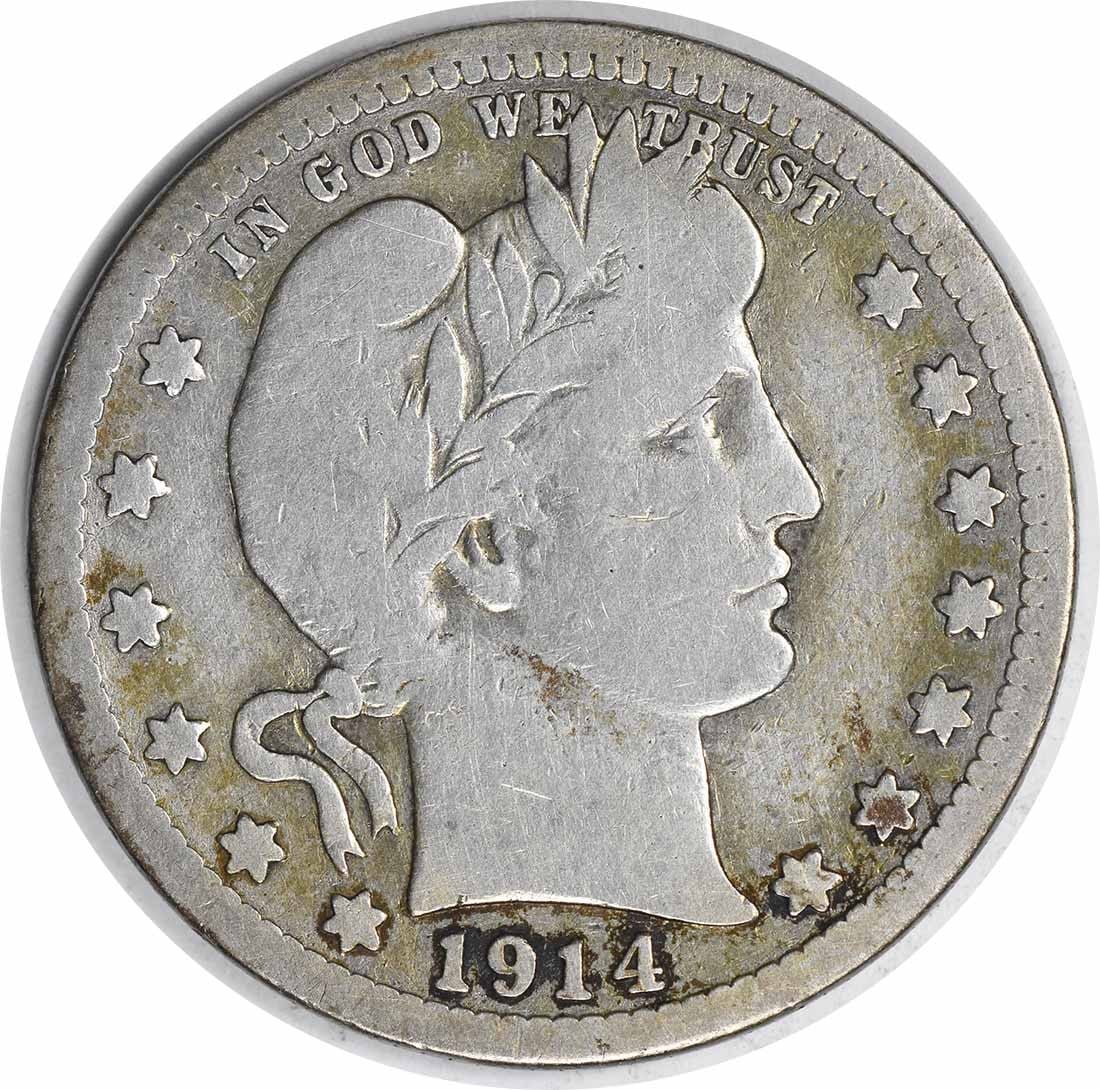 1914-S Barber Quarter 90% Silver VG Uncertified Rare Coin: 1914-S Barber Quarter 90% Silver VG Uncertified Rare Coin This 1914-S Barber Silver Quarter is a classic collectible coin, showcasing the artistry of designer Charles E. Barber. It is classified as Ve