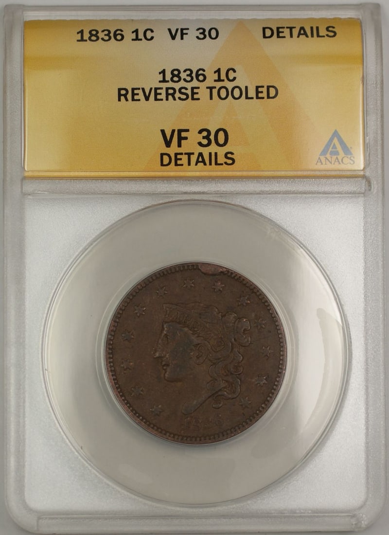 ANACS VF 30 1836 Large Cent Coronet Head Copper Coin Reverse Rim Cud (1 of 2)