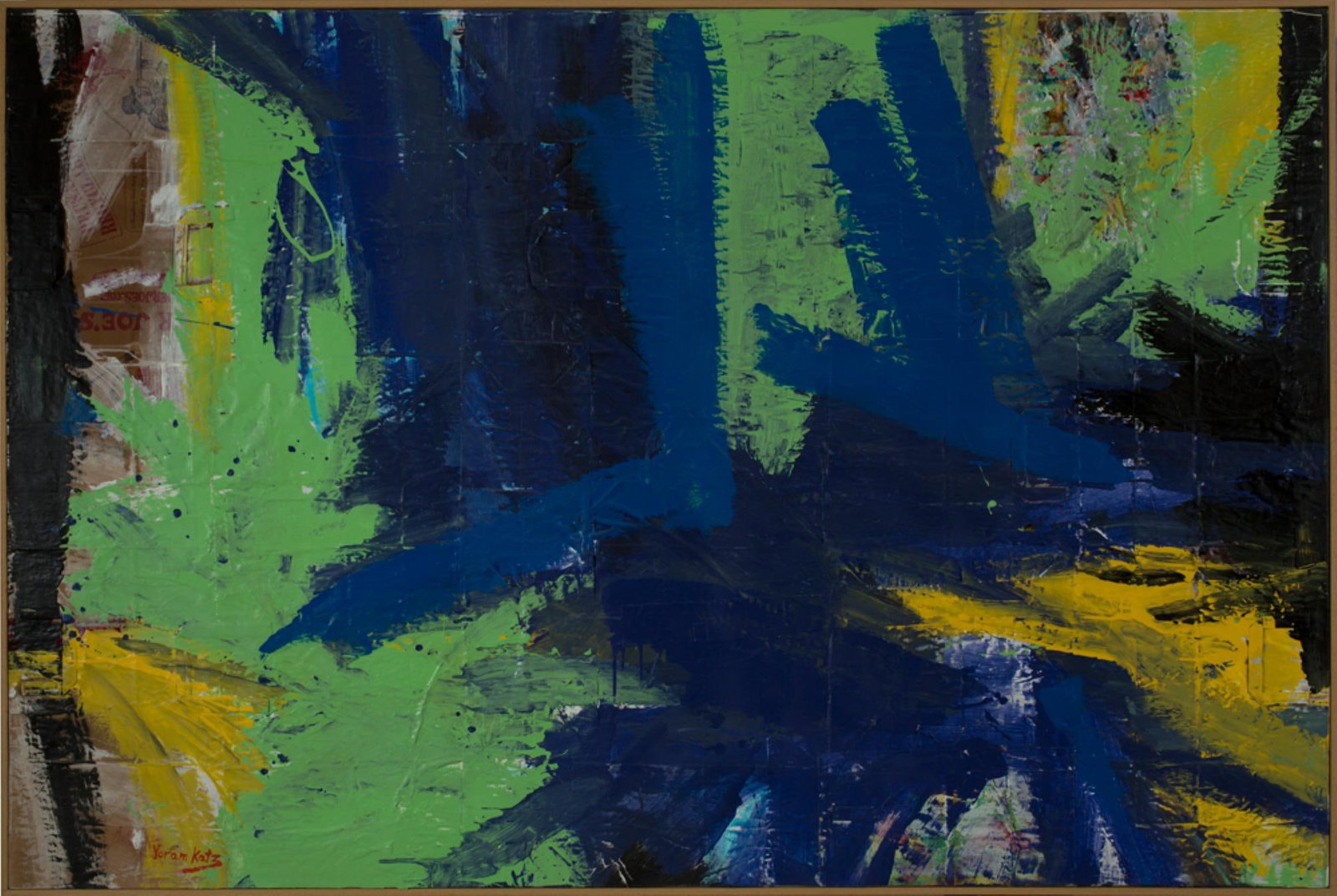 Yoram Katz Framed Abstract Painting Blue Green Yellow 42 x 72 in: Yoram Katz Framed Abstract Painting Blue Green Yellow 42 x 72 in Immerse yourself in the vibrant world of Yoram Katz with this stunning framed abstract painting titled "Blue, Green & Yellow." Created 