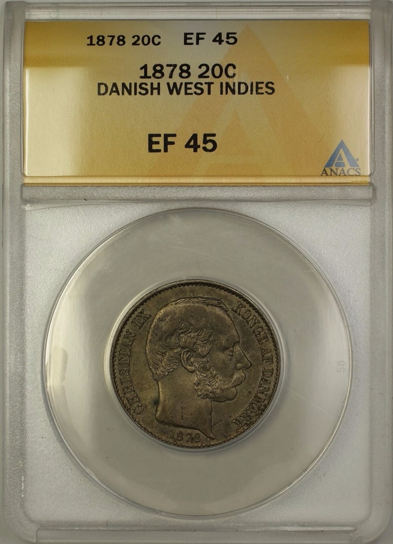 ANACS EF-45 1878 Danish West Indies 20 Cents Silver Coin: ANACS EF-45 1878 Danish West Indies 20 Cents Silver Coin This is an 1878 Danish West Indies 20 cent silver coin, graded EF-45 by ANACS. The coin is composed of 0.625 fine silver and is in circulated, 