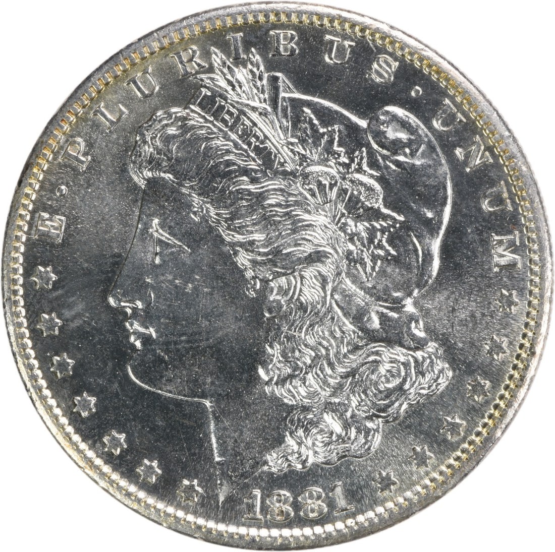 Uncirculated 1881 San Francisco Morgan Dollar Silver Choice BU: Uncirculated 1881 San Francisco Morgan Dollar Silver Choice BU This 1881-S Morgan Silver Dollar is an uncirculated coin graded as Choice Brilliant Uncirculated (BU). It features a composition of silve