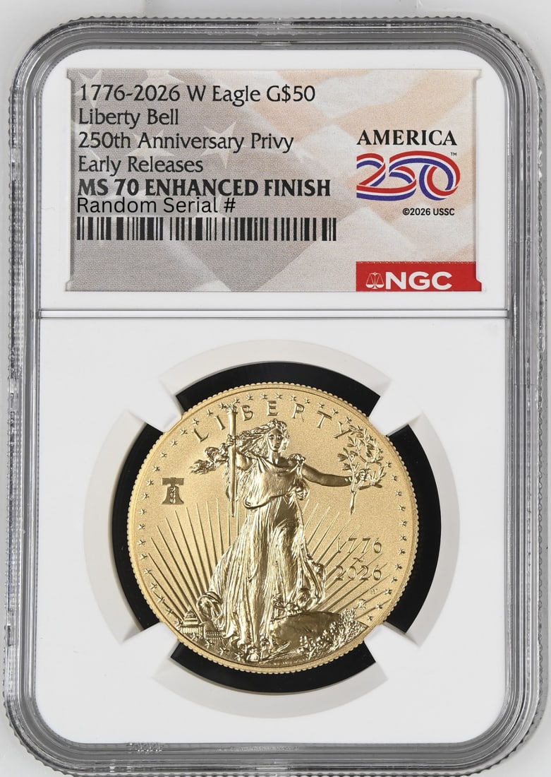 2026 NGC MS70 1 oz Gold American Eagle $50 Enhanced Uncirculated: 2026 NGC MS70 1 oz Gold American Eagle $50 Enhanced Uncirculated 2026 American Gold Eagle coin with Enhanced Uncirculated strike, graded MS 70 by NGC. This pre-owned $50 gold coin contains 1 oz of pre