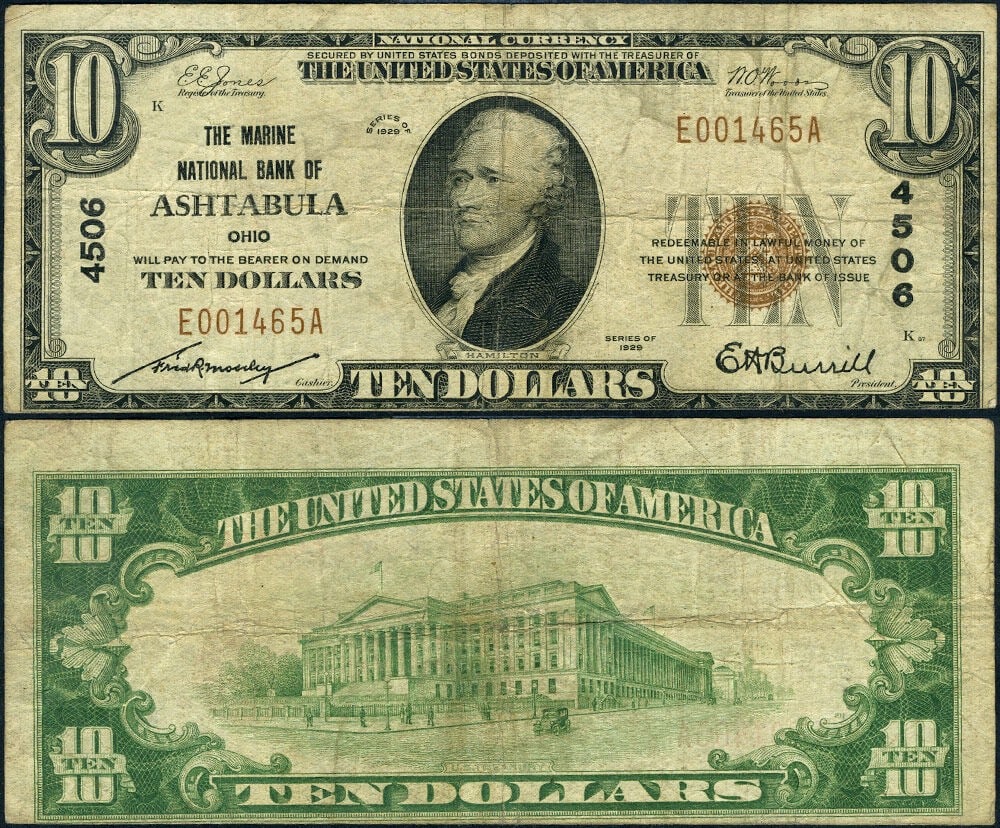 1929 T1 Ashtabula Ohio National Bank $10 Marine NB (1 of 3)