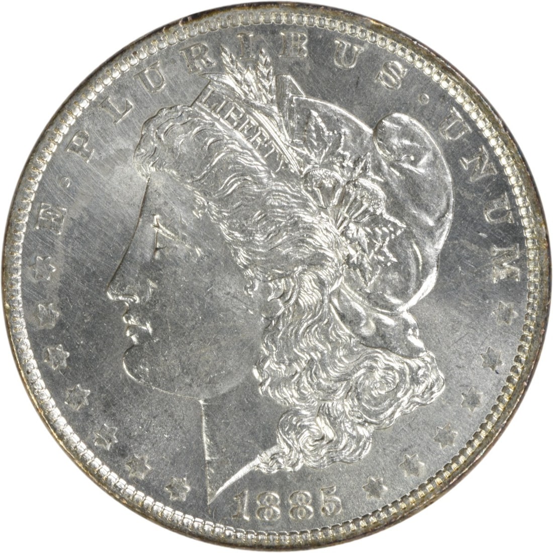 Brilliant Uncirculated 1885 Silver Dollar Morgan Uncertified No Mint Mark: Brilliant Uncirculated 1885 Silver Dollar Morgan Uncertified No Mint Mark This is an 1885 Morgan Silver Dollar from the United States, featuring a Brilliant Uncirculated (BU) grade. The coin is compos