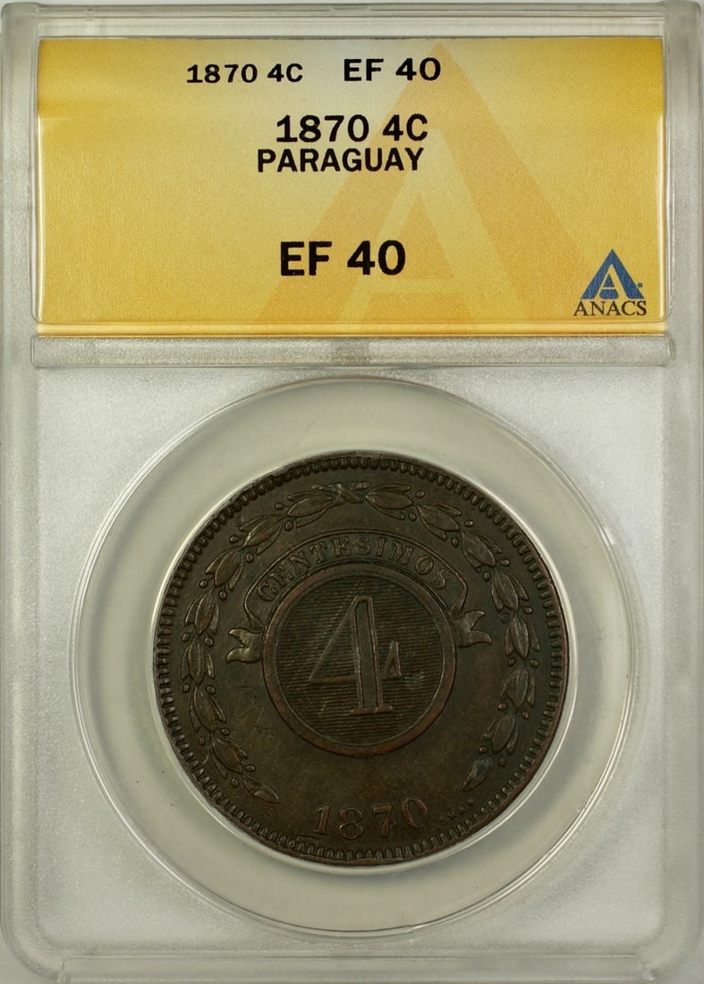 Paraguay 1870 4 Centesimos ANACS EF 40 Coin: Paraguay 1870 4 Centesimos ANACS EF 40 Coin This is a 4 Centesimos coin from Paraguay, dated 1870. The coin has been graded EF-40 (Extremely Fine) by ANACS and is in circulated, pre-owned condition. S